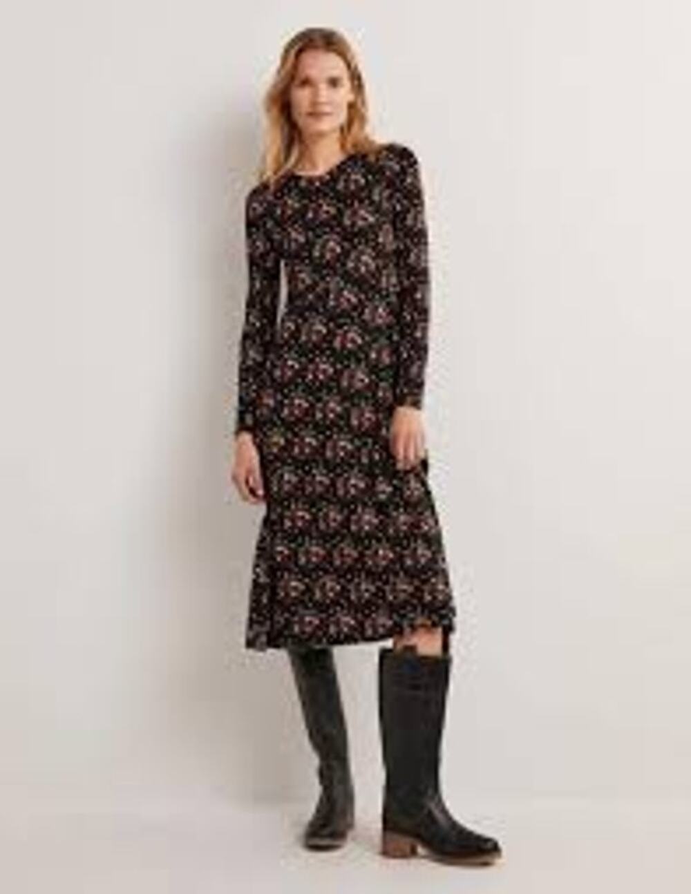Boden Crew Neck Jersey Midi Dress Black Floral Stretch Office Fall Women 6P